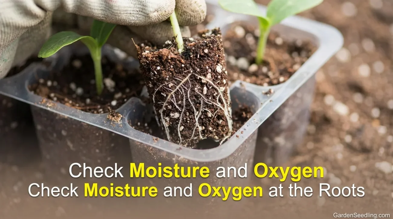 Young seedlings with roots visible in moist soil, showing yellowing leaves after sprouting.