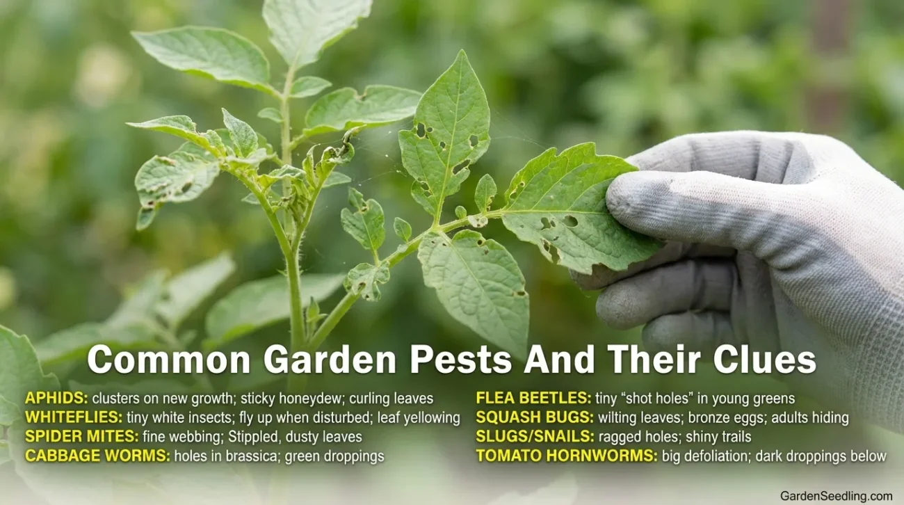 A gardener wearing gloves tends to a lush vegetable plant in a garden, promoting natural bug control.