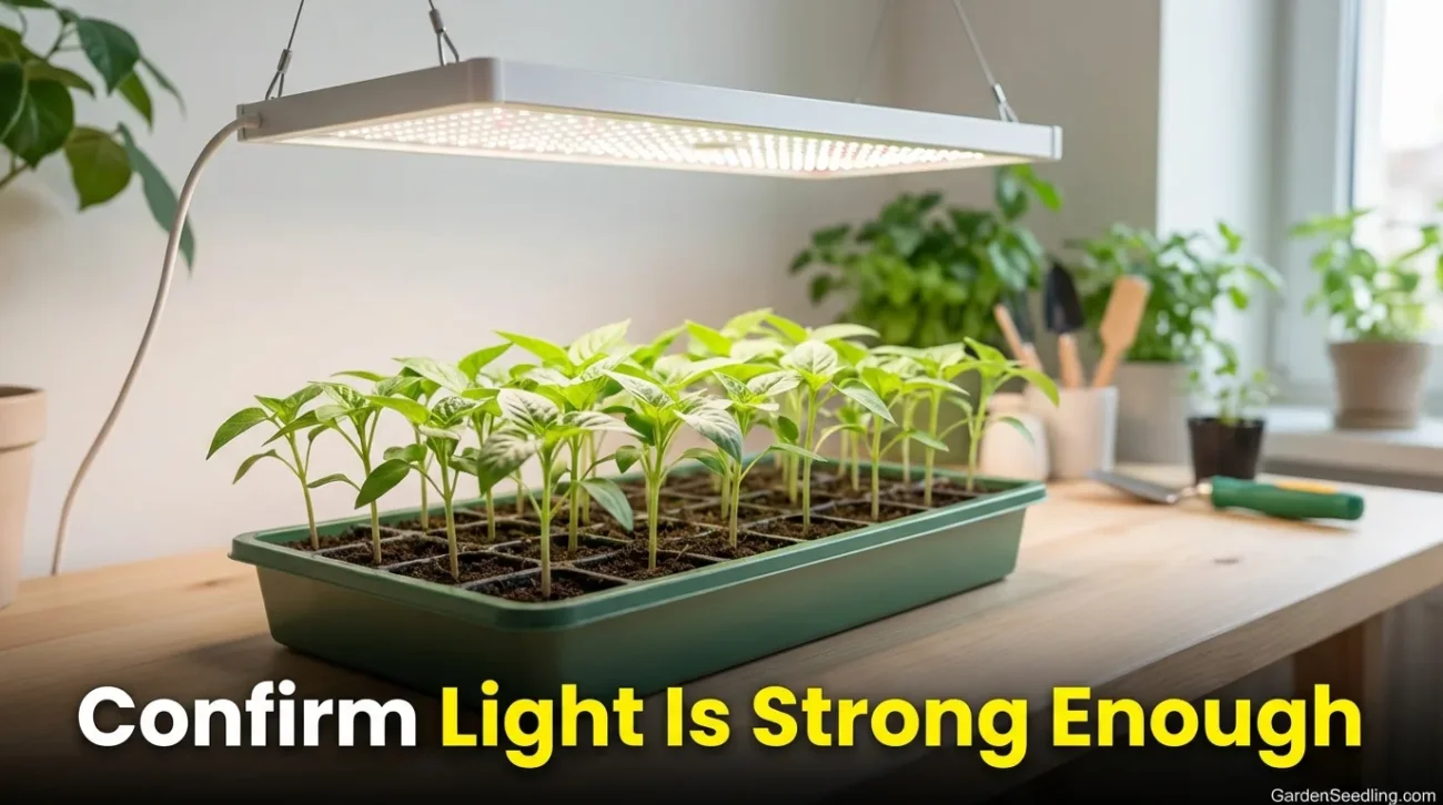 Young green seedlings in a tray receive sunlight from a grow light above.
