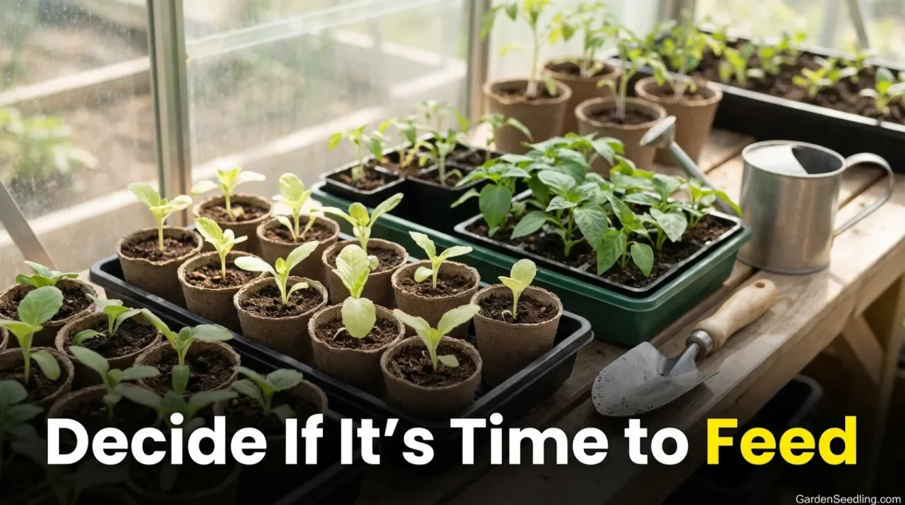 Young seedlings with yellow leaves in a greenhouse tray, indicating a common post-sprouting issue.