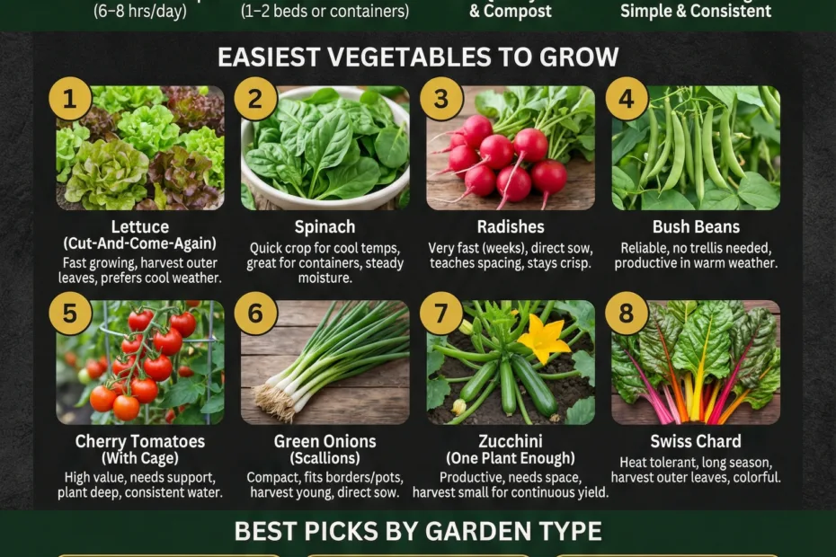 A small backyard vegetable garden with colorful tomatoes and lush green leafy greens.