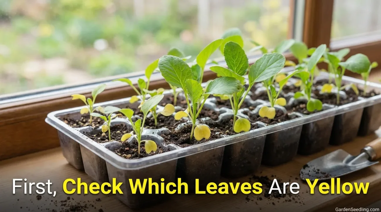 Young seedlings with bright green leaves grow in a soil tray on a garden table.