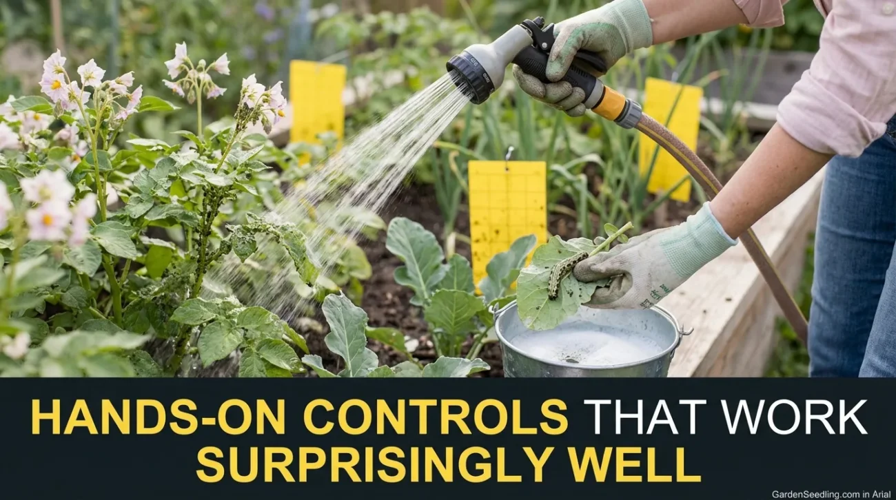 A gardener spray vegetables with a natural pesticide to keep bugs away.
