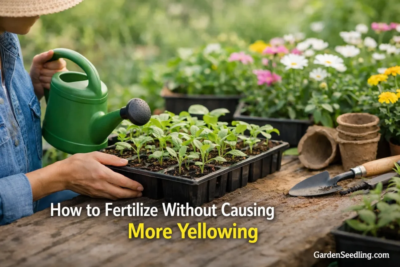 A green watering can waters vibrant seedlings in a garden bed against a background of blooming flowers.