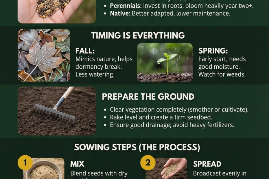 A handful of colorful wildflower seeds above a garden bed ready for planting.