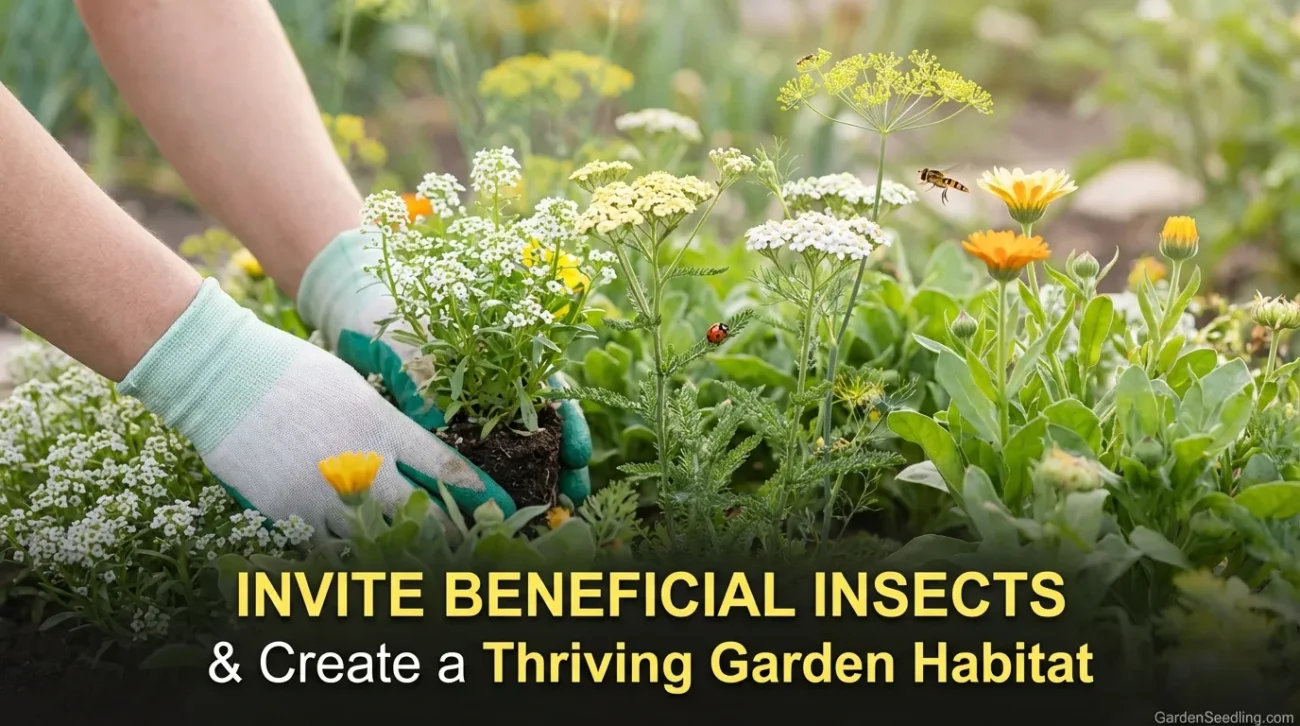 A gardener's hand watering blooming vegetables in a lush garden.