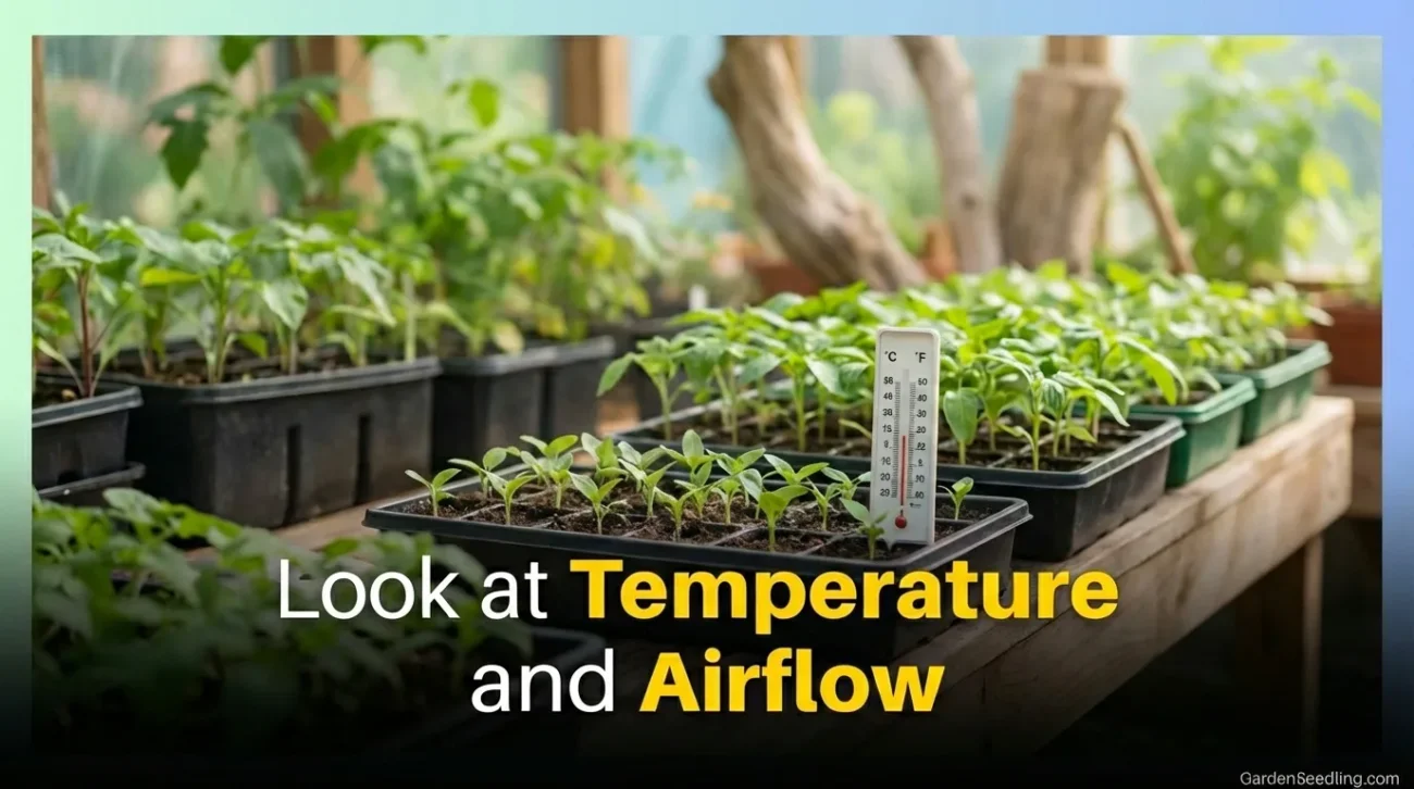 Young seedlings with yellow leaves growing under warm sunlight in a garden bed.
