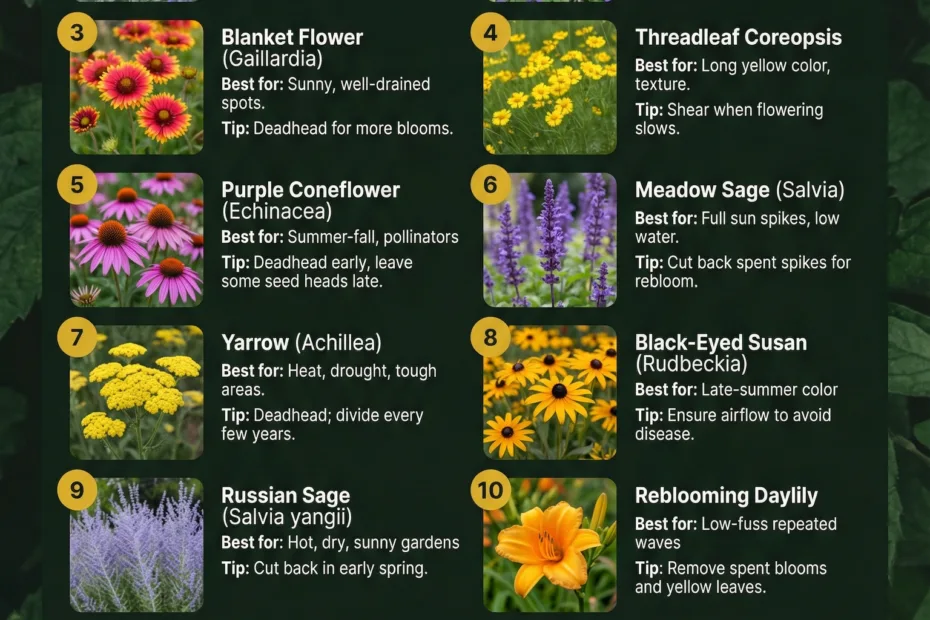 A vibrant border of low-maintenance perennial flowers blooming in a garden bed during summer.