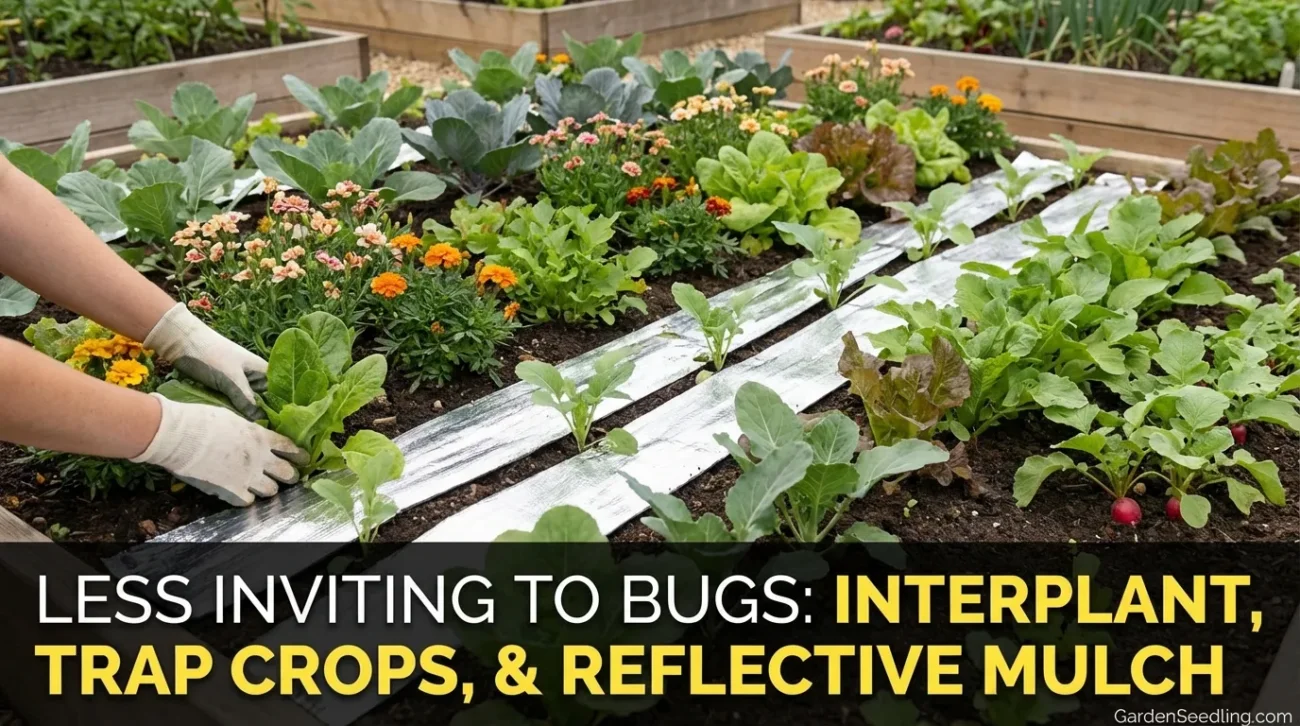 A vegetable garden with vibrant leafy greens and blooming marigolds used for natural bug control.