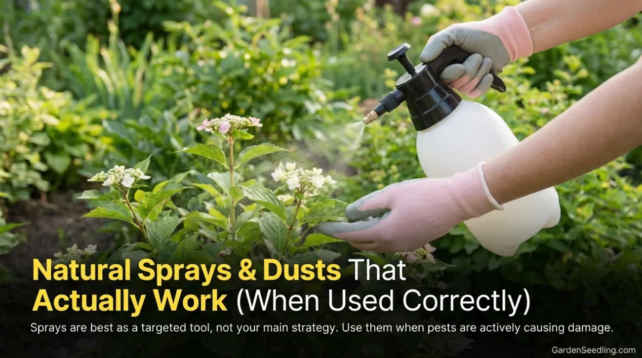 A gardener sprays bug repellent on lush vegetable plants in a garden.
