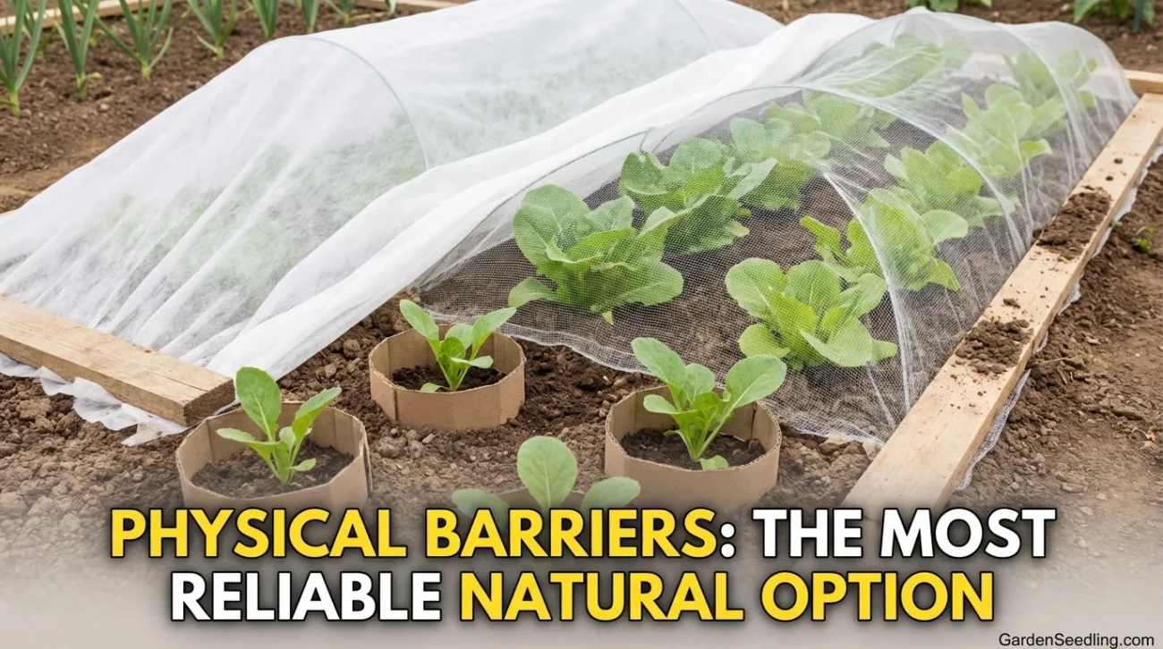 Green vegetable plants grow under a protective mesh net to keep bugs away naturally.