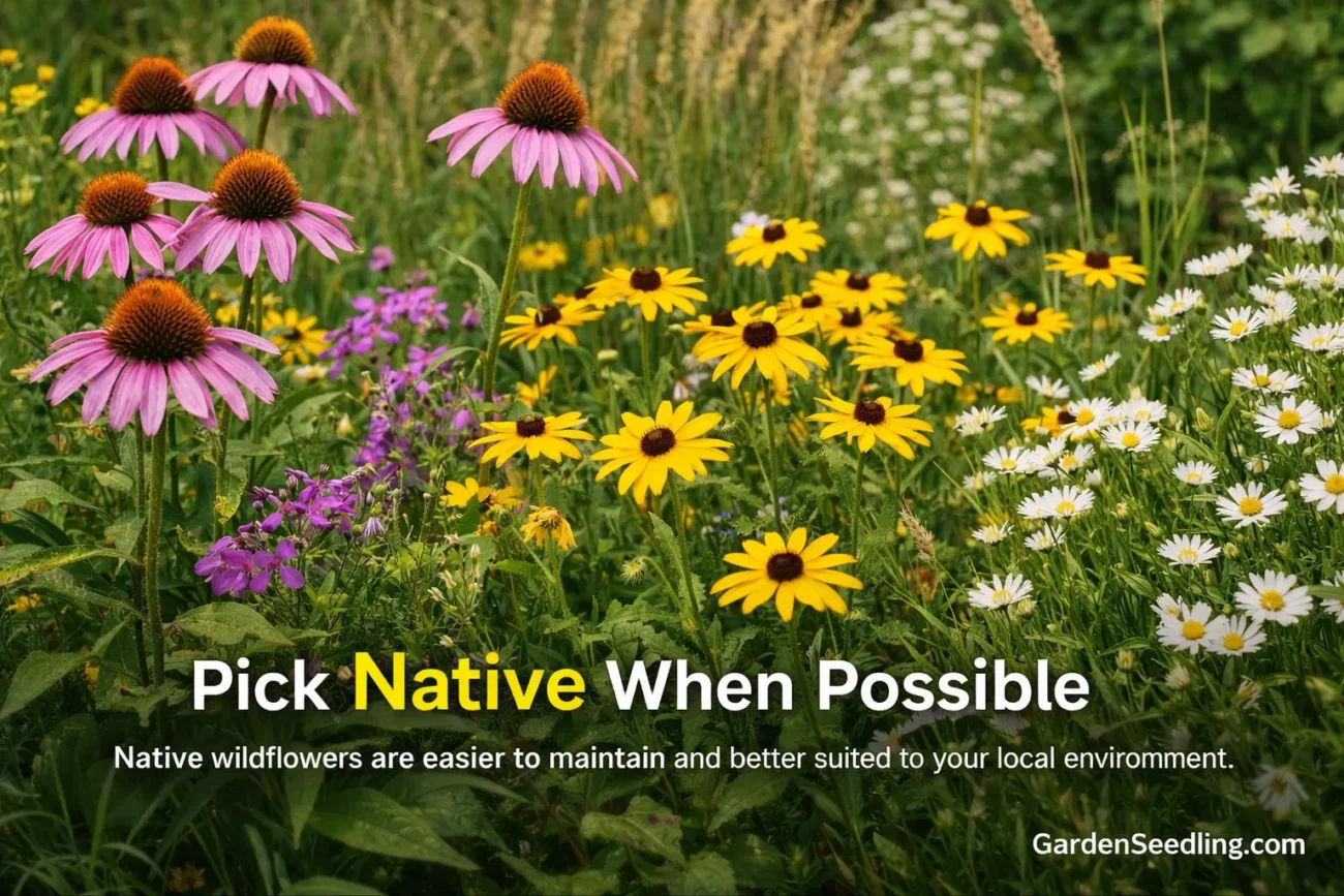 A colorful patch of blooming wildflowers in a backyard garden with tall grasses in the background.
