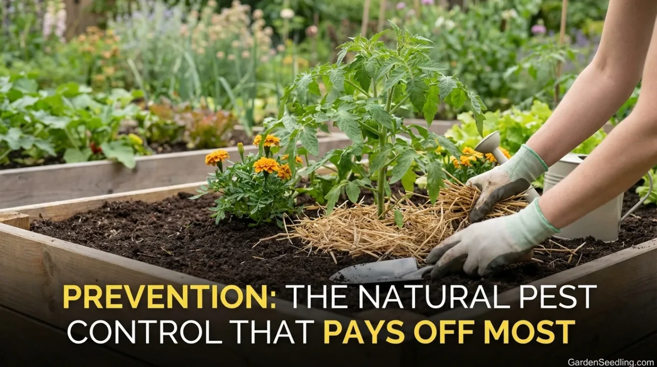 Vegetable plants growing in a garden bed with marigold flowers nearby to naturally repel bugs.
