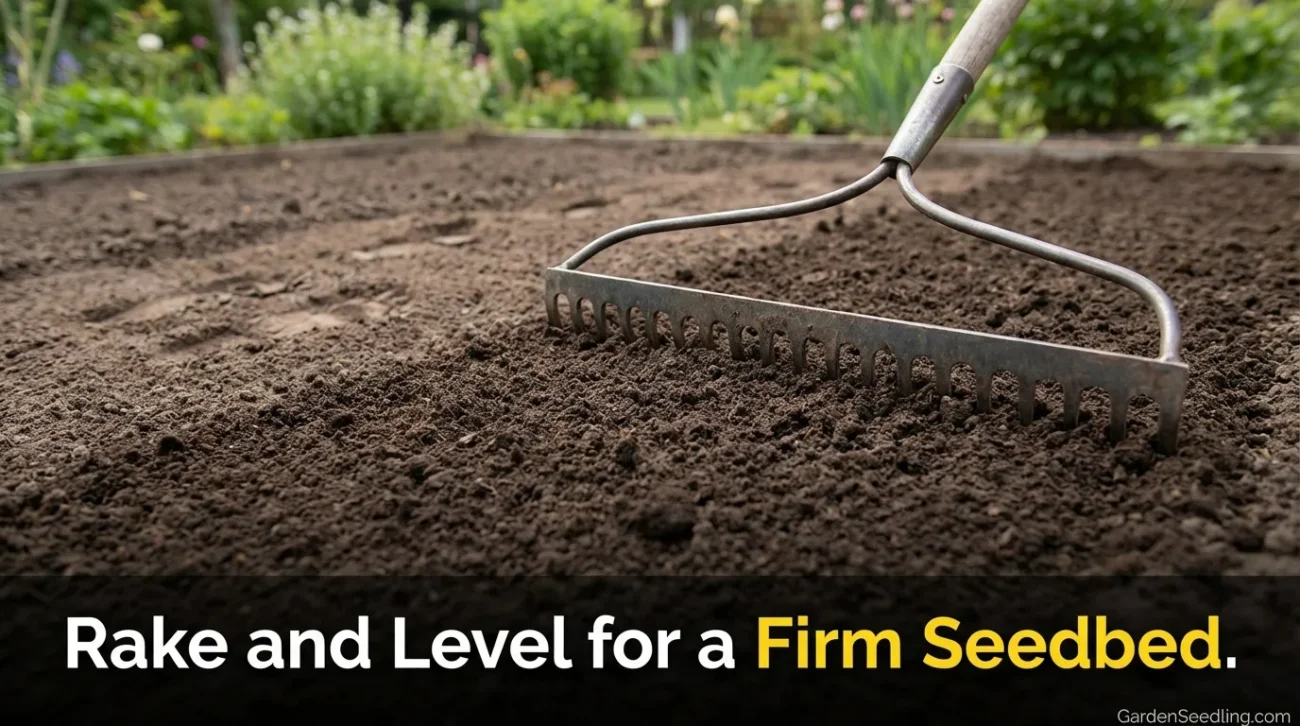 A gardening rake gently smoothing soil in preparation for planting wildflower seeds in a backyard bed.