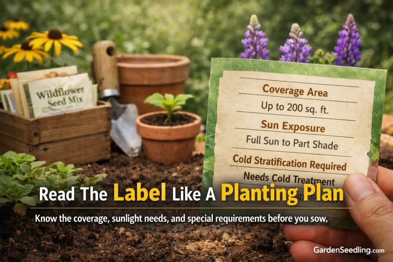 Close-up of colorful wildflowers blooming in a garden bed with a small wooden fence.