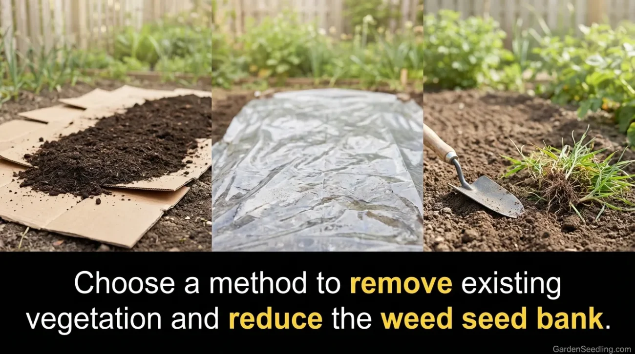 A close-up of a small garden bed with freshly planted wildflower seeds covered by soil.