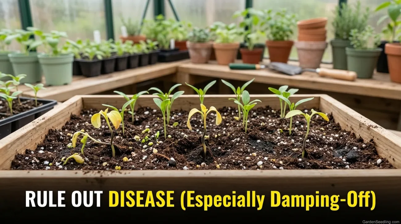 Young seedlings with bright green leaves grow in a garden bed with surrounding potted plants.