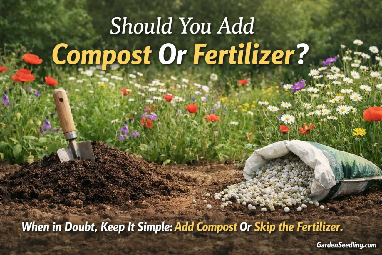 A garden bed with blooming wildflowers and a small pile of compost in the background.
