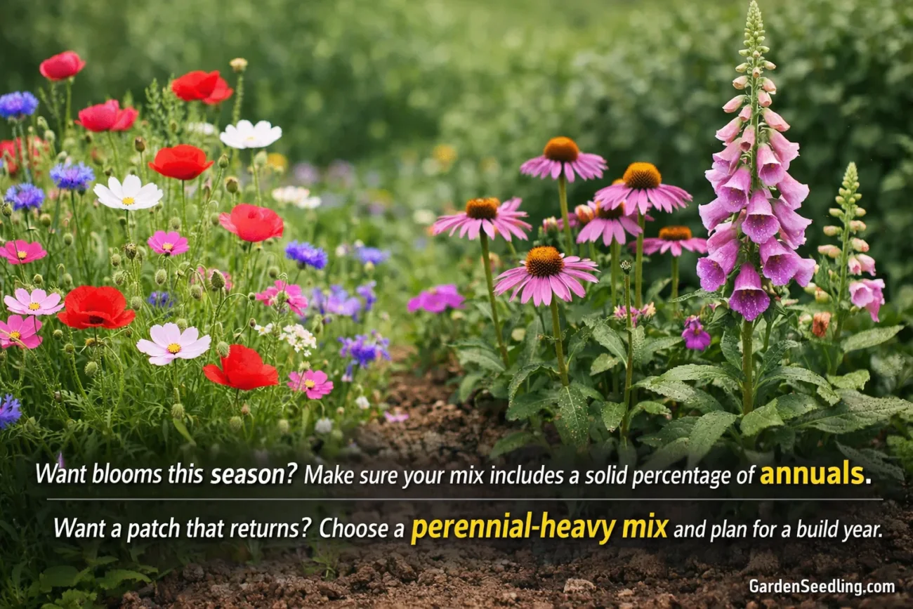 Colorful wildflowers bloom in a garden bed, with purple coneflowers and pink daisies standing tall among green foliage.