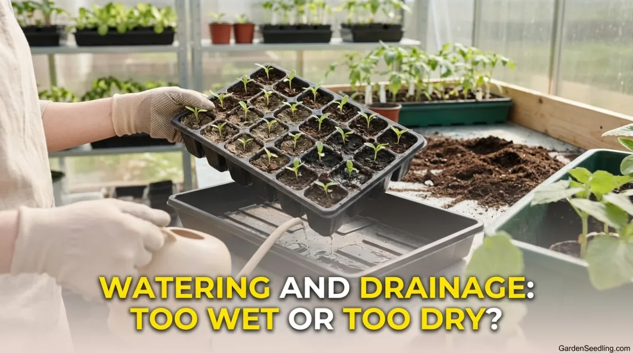 A close-up of young seedlings in a tray with yellowing leaves after sprouting.