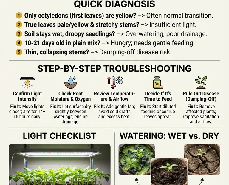 A close-up of a young seedling with yellowing leaves in a garden bed.