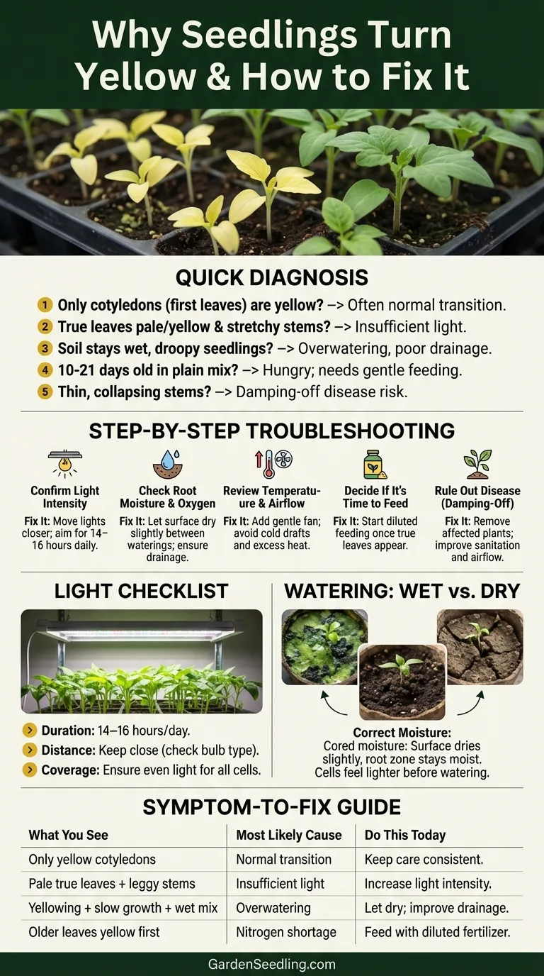 A close-up of a young seedling with yellowing leaves in a garden bed.