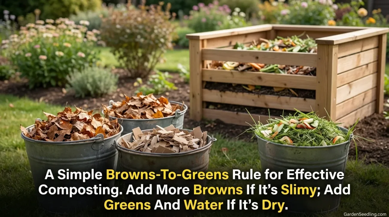 A compost pile with fallen leaves and a garden shed in the background, demonstrating beginner composting.
