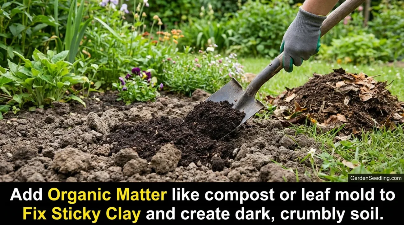A gardener digging into rich, dark clay soil to start a vegetable garden.