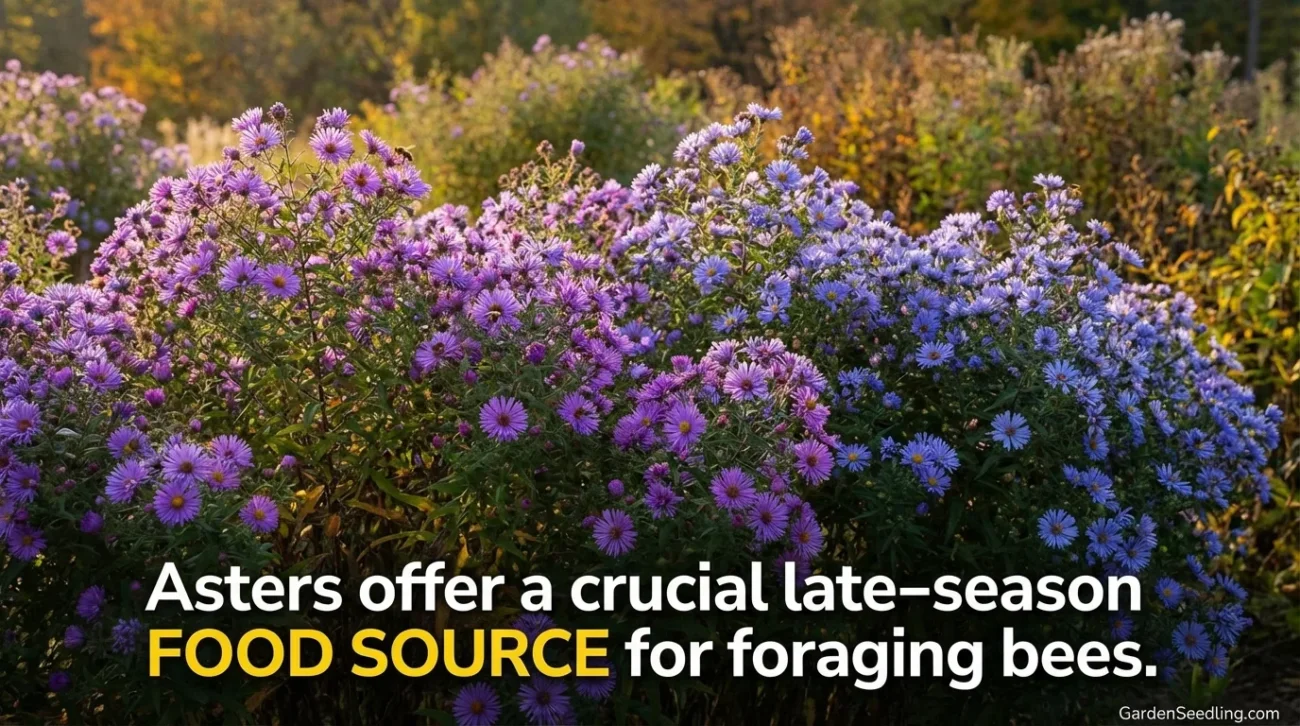 A cluster of vibrant purple and blue flowers in a garden, attracting buzzing bees during late summer.