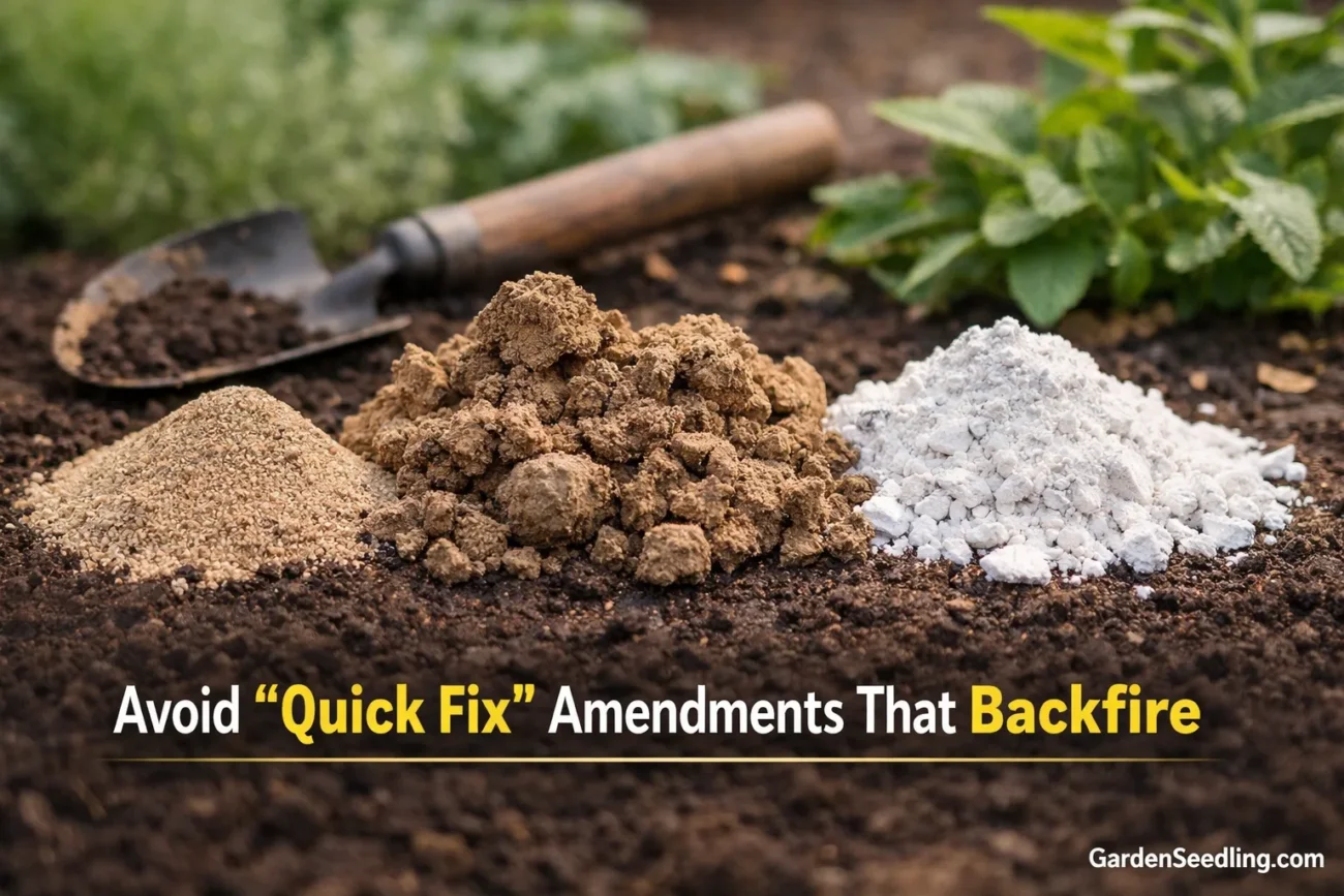 A trowel resting on rich clay soil with young vegetable seedlings nearby.