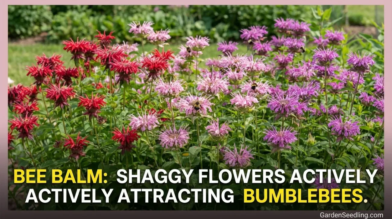 A garden scene with clusters of pink and purple bumblebee-friendly flowers blooming lively.