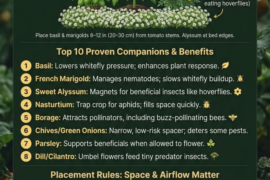 Tomato plant with bright yellow flowers growing among lush green foliage, illustrating good companion planting.