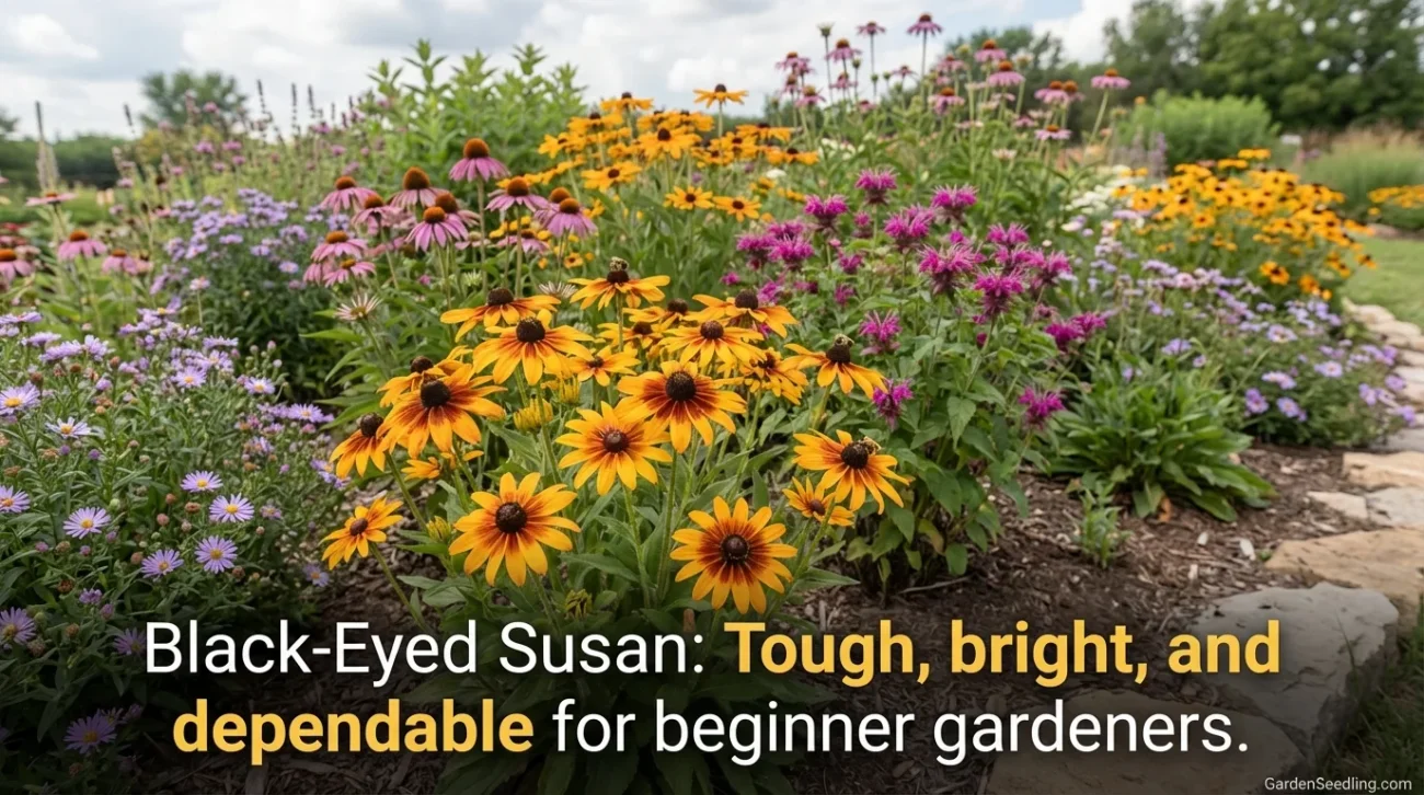 Bright yellow sunflowers and purple asters bloom together, attracting bees to the garden.