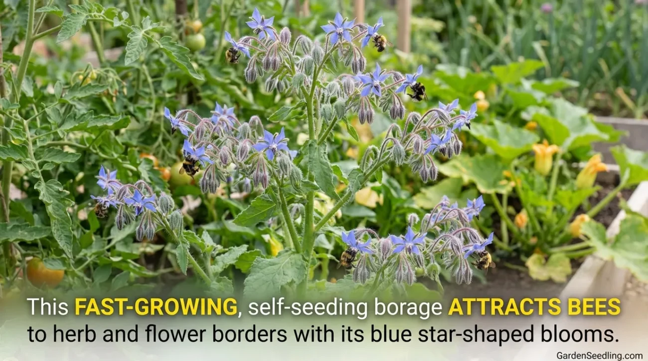 Purple and blue pollinator-friendly flowers bloom among green foliage, attracting bees to the garden.