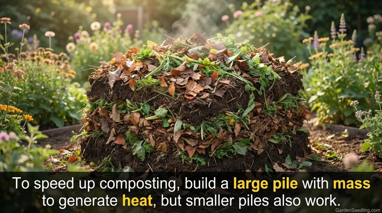 A compost pile with rich, dark soil and small green plants growing on top.