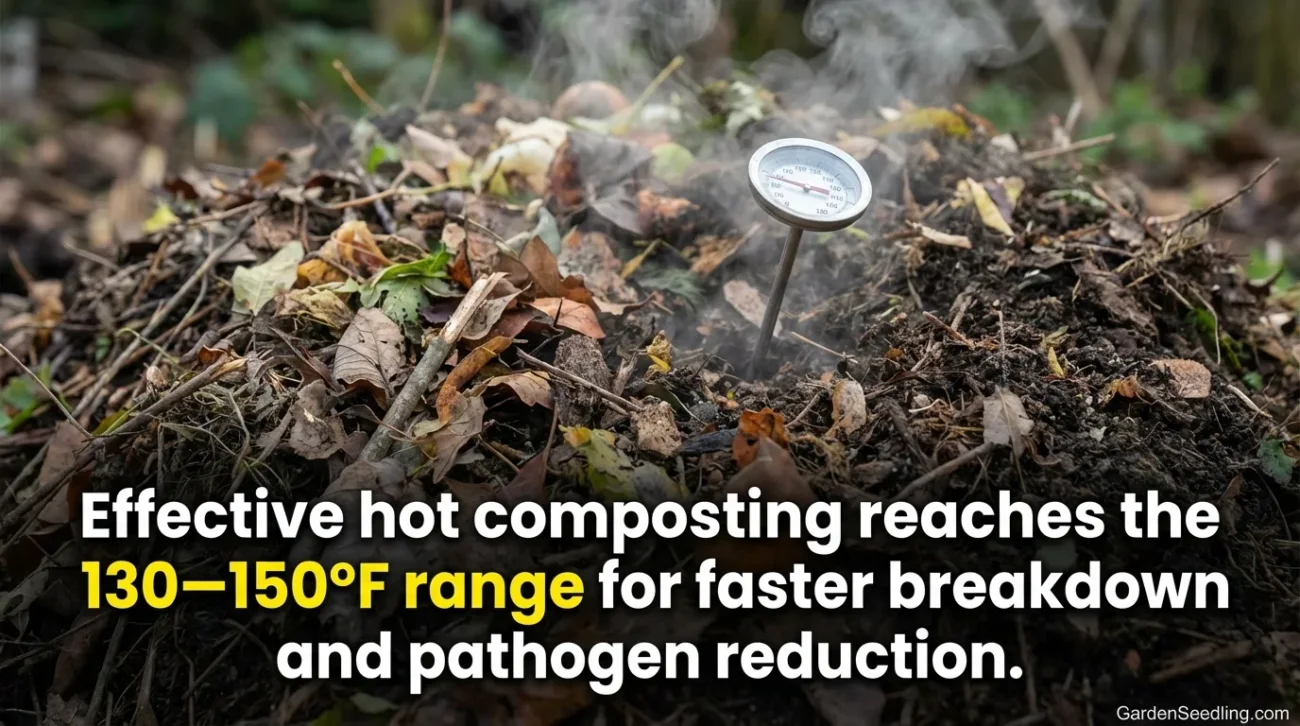 A compost thermometer inserted into dark, organic compost to monitor temperature for start-up.