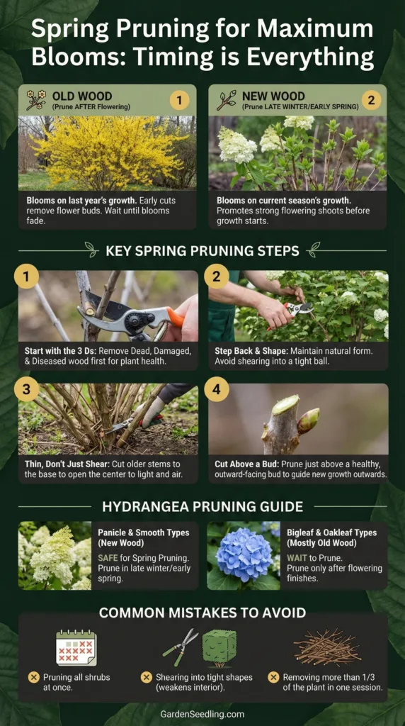 A gardener pruning flowering shrub in a lush garden during spring.