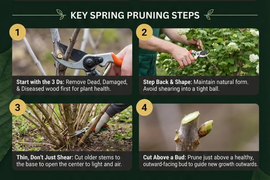 A gardener pruning flowering shrub in a lush garden during spring.