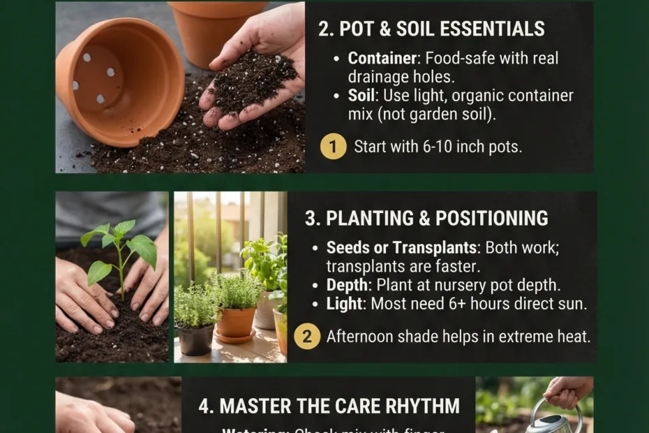 Small terracotta pots filled with green herbs on a garden table