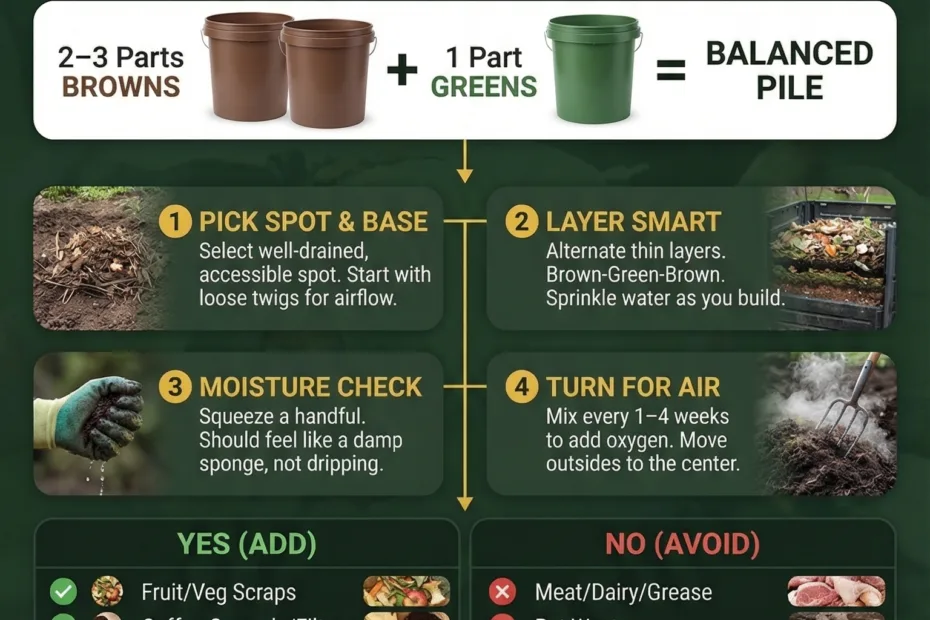 A compost pile with lush green plants and composting materials in a garden setting.