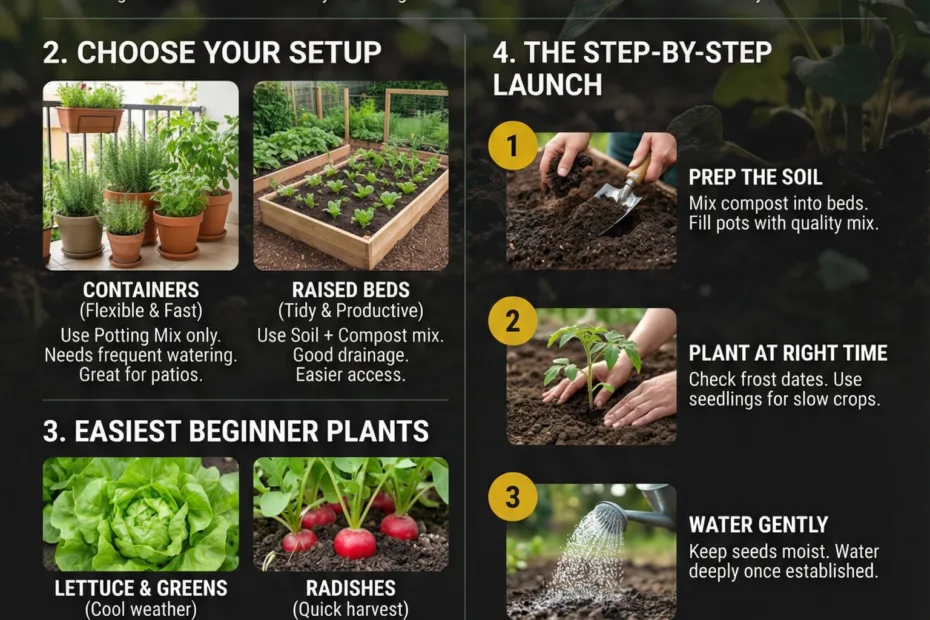 A person planting young seedlings in a small home garden bed during daylight.