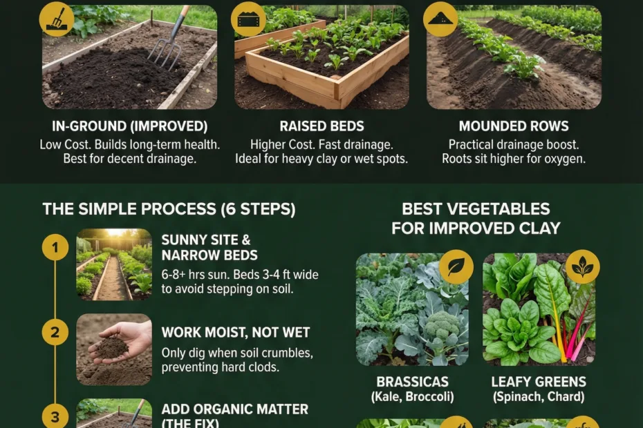 A hand placing a small plant in rich clay soil in a garden bed.