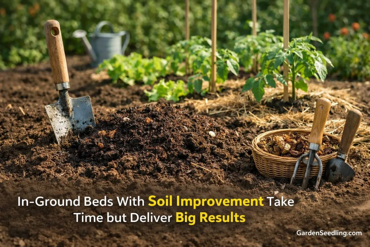 A lush vegetable garden with green plants growing in rich, dark clay soil.