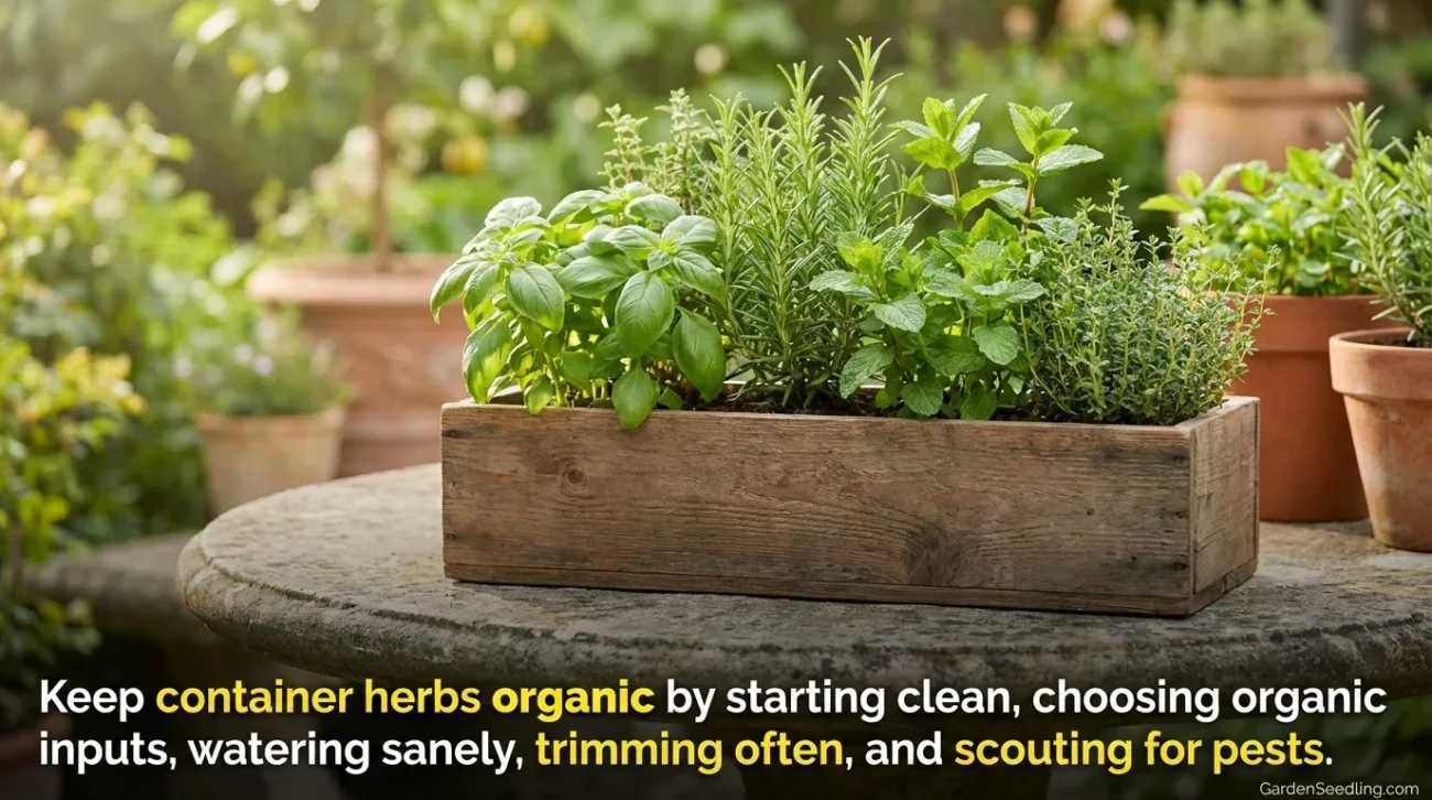 Fresh green herbs like basil and parsley grow in a rustic wooden container.