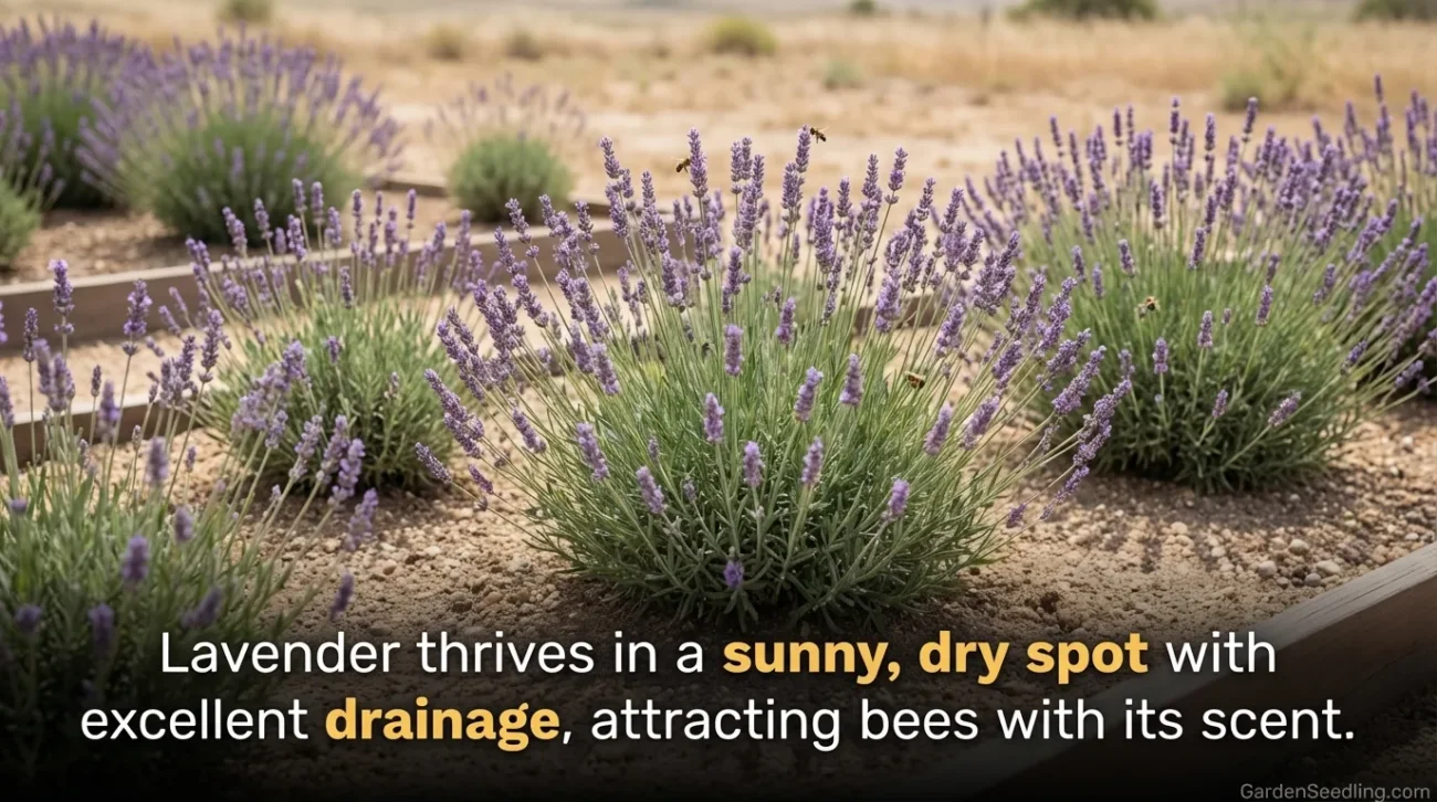 Lavender flowers bloom in a sunny garden, attracting bees with their vibrant purple color.