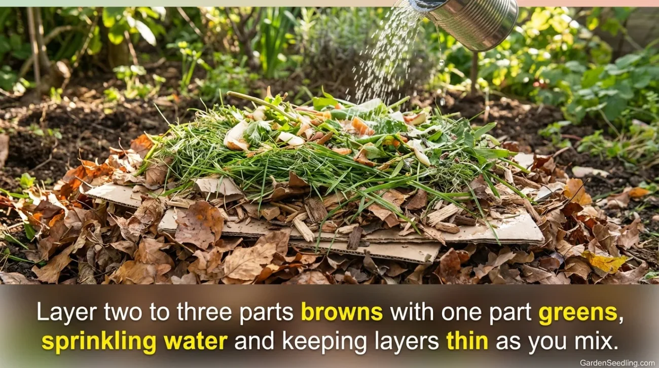 A compost pile with brown leaves and vegetable scraps in a garden setting, ready for composting.