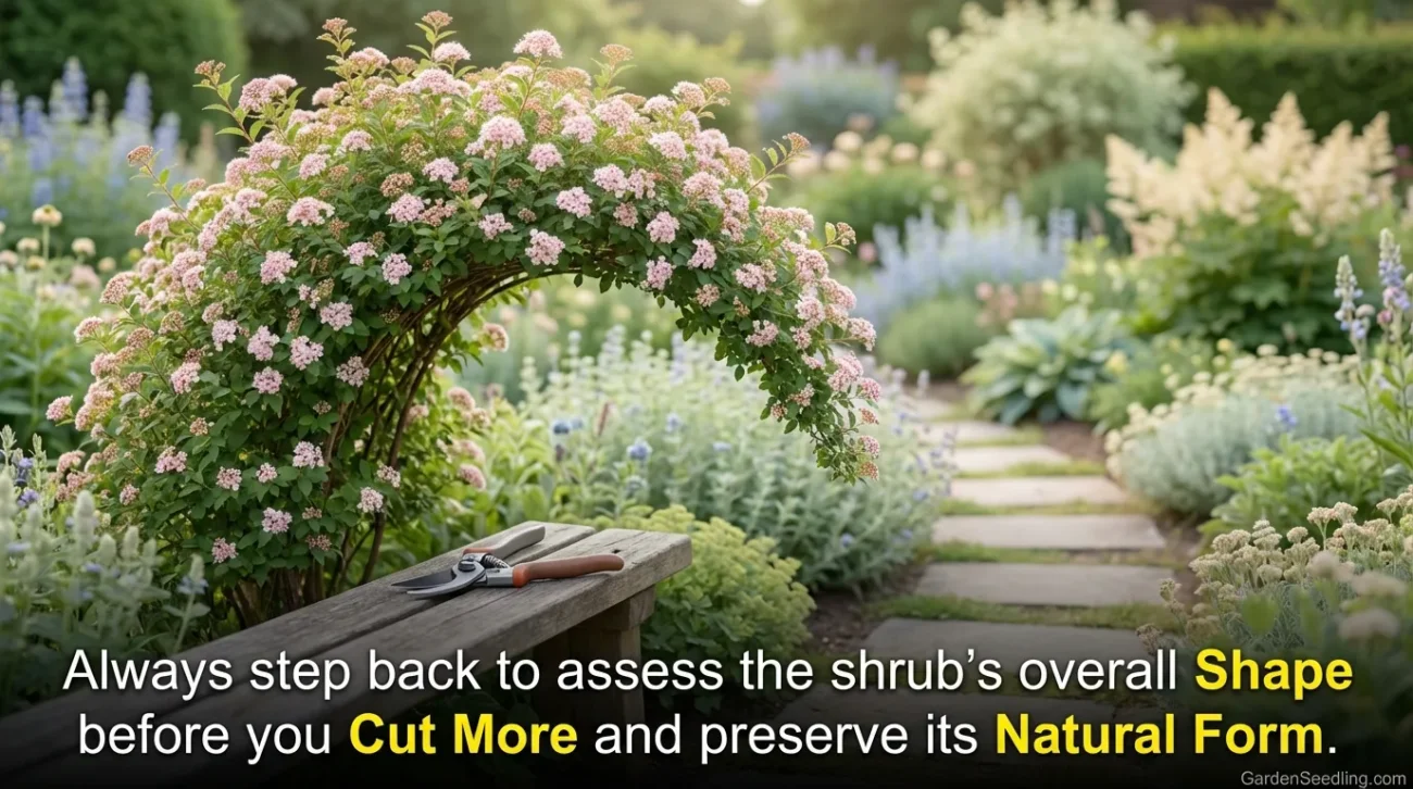 Pink flowering shrub arching over a garden path, surrounded by lush greenery.