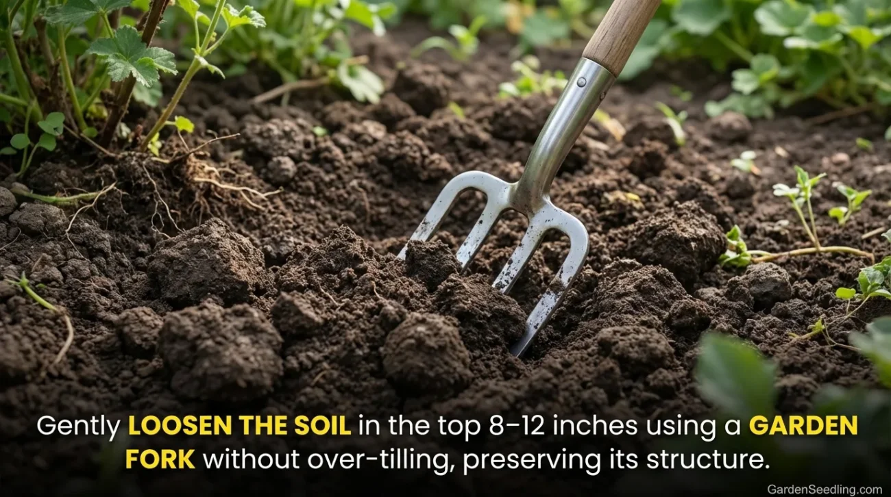 A hand using a small garden fork to loosen rich clay soil in a vegetable garden.