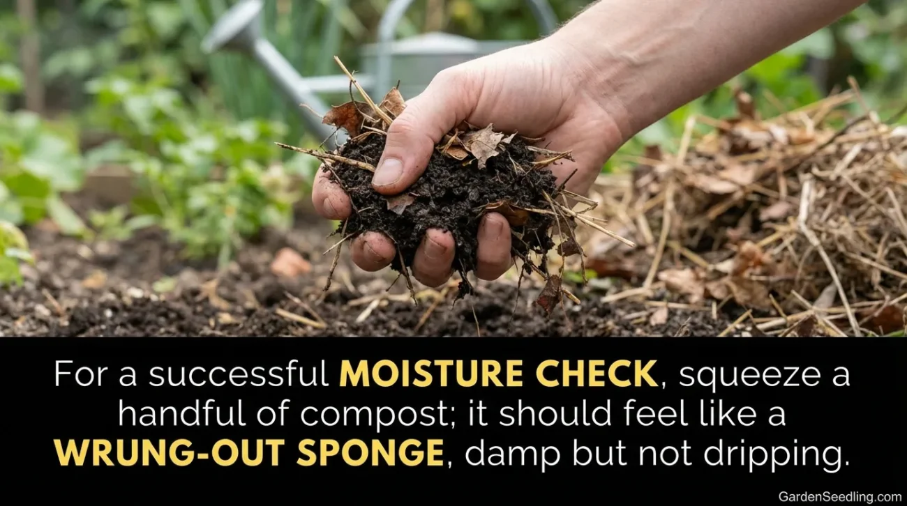 A hand holding soil with a small plant sprouting in a garden scene.