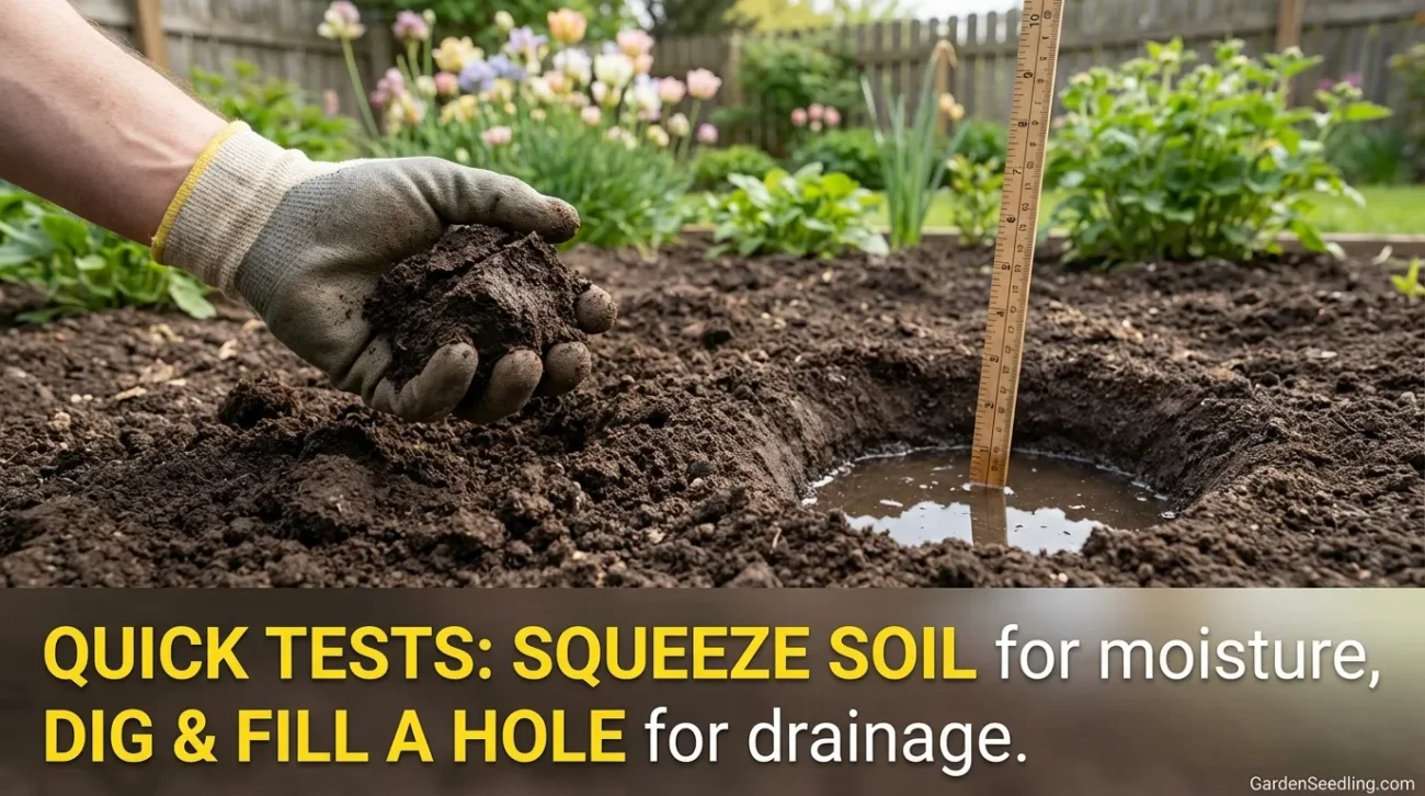 A gardener's hand watering young plants in rich, dark clay soil.